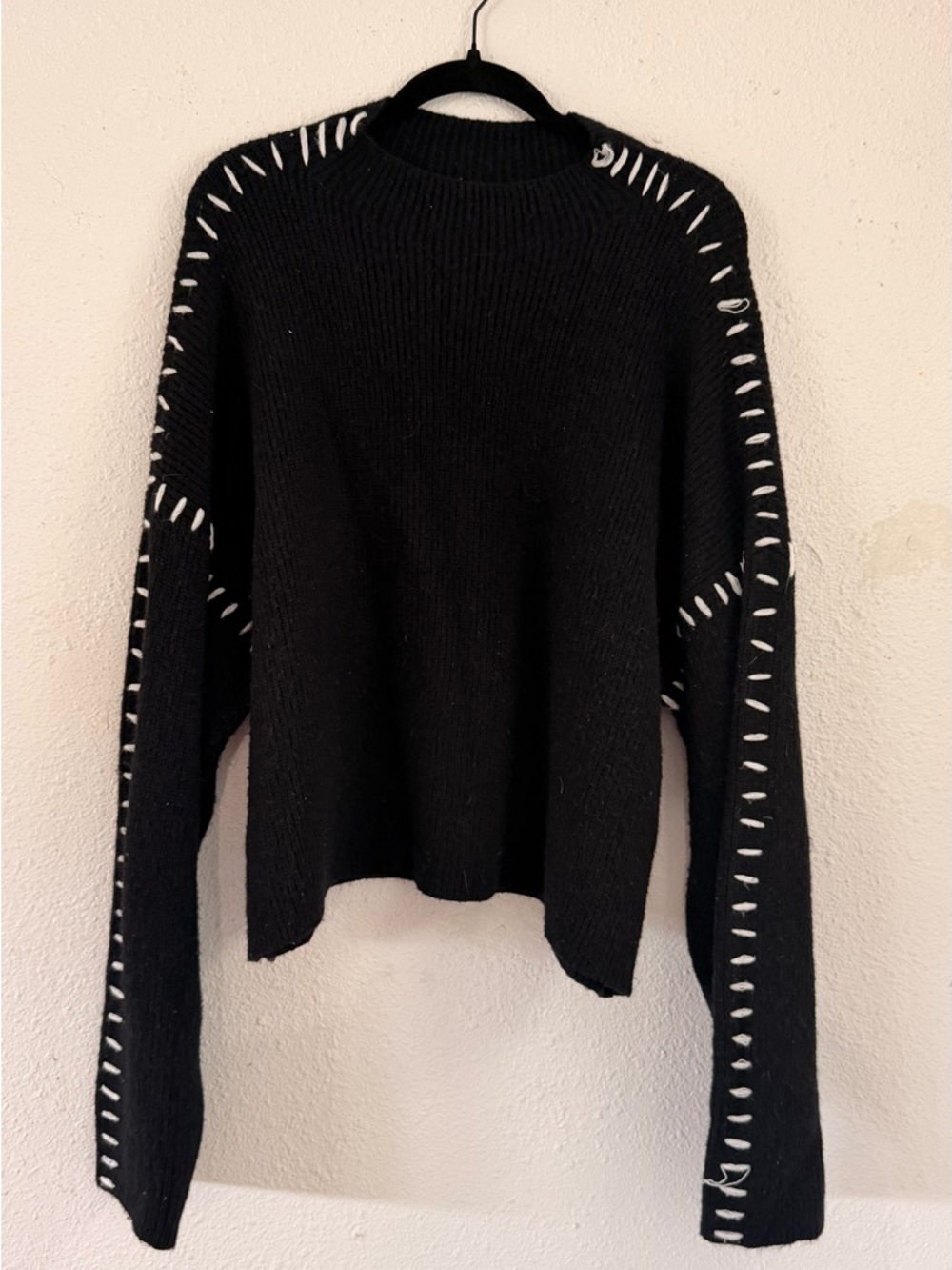 Black Women's Knit Sweater with Decorative Stitch Detailing